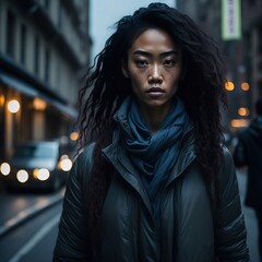 Portrait of beautiful mixed race Asian woman on a mysterious street in Japan, looking at the camera.