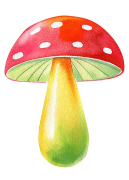 watercolor mushroom, fly agaric on a white background, bright drawing. Hippie illustration, retro 70-60s design