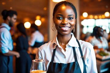 Portrait of smiling african american waitress in elegant restaurant looking at camera with bokeh background.