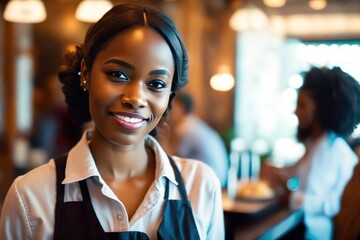 Portrait of smiling african american waitress in elegant restaurant looking at camera with bokeh background.