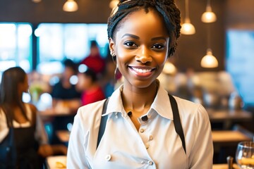 Portrait of smiling african american waitress in elegant restaurant looking at camera with bokeh background.