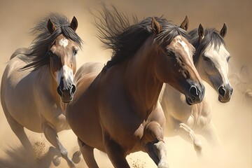 Horses with long mane portrait run gallop in desert dust, hyperrealism, photorealism, photorealistic