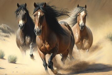 Horses with long mane portrait run gallop in desert dust, hyperrealism, photorealism, photorealistic