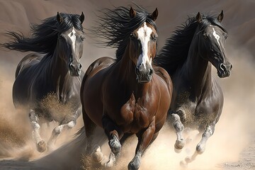 Fototapeta na wymiar Horses with long mane portrait run gallop in desert dust, hyperrealism, photorealism, photorealistic