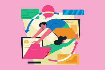 man and woman sharing files and folders in remote work flat illustration