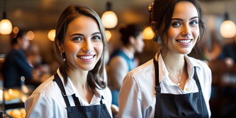Portrait of smiling waitress in restaurant looking at camera with bokeh background.