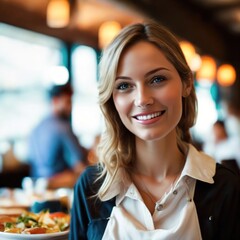 Portrait of smiling waitress in restaurant looking at camera with bokeh background.