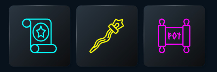 Set line Magic scroll, and staff. Black square button. Vector