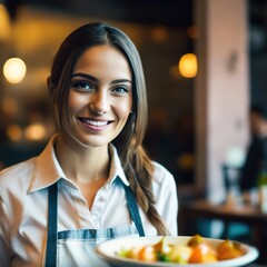 Portrait of smiling waitress in restaurant looking at camera with bokeh background.
