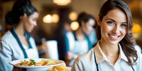 Portrait of smiling waitress in restaurant looking at camera with bokeh background.