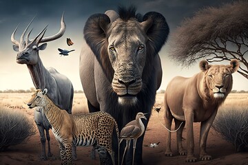Obraz na płótnie Canvas Safari Animals in Africa Composite, hyperrealism, photorealism, photorealistic