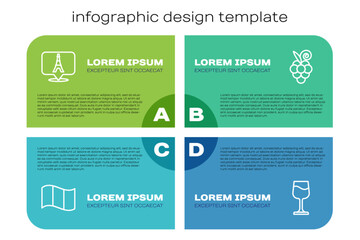 Set line Flag France, Eiffel tower, Wine glass and Grape fruit. Business infographic template. Vector