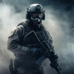 Fototapeta premium Portrait of a special forces soldier with assault rifle in the smoke
