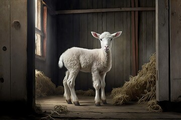White lamb in a barn, hyperrealism, photorealism, photorealistic