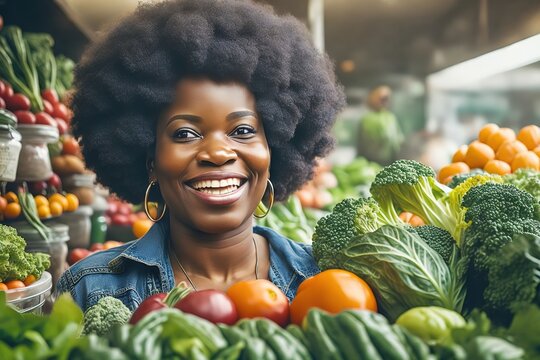 Portrait of a happy greengrocer standing in front of the vegetables. Happy owner of nice and beautiful African American black woman in apron. Grocery. Copy space text.
