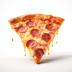 pizza slice with cheese and sausages in levitation on white background. AI generative