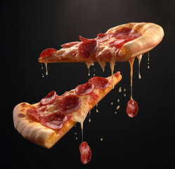 Flying food. two pizza slices with cheese and sausages in levitation on black background. AI generative