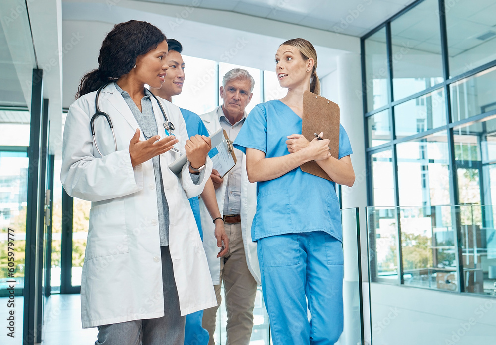 Poster Walking, doctors and nurses talking in a hospital for planning, strategy or results. Diversity men and women healthcare group together for discussion, virus or surgery with professional medical team