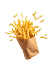Falling french fries, potato fry in craft package isolated on white background. AI generative