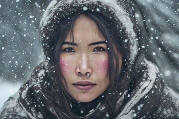 Young Inuit woman in winter in the snow. generative ai