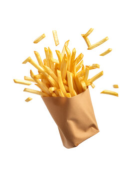 Falling french fries, potato fry in craft package isolated on white background. AI generative