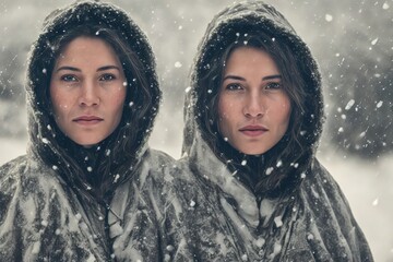 Sisters Young Inuit women in winter in the snow. generative ai - obrazy, fototapety, plakaty