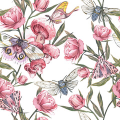 Seamless pattern butterfly, cicada, peony isolated on white background. Watercolor hand drawing illustration. Art design