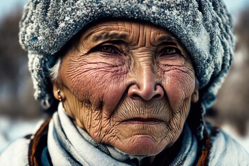 Senior inuit elderly woman at winter in snow. Ai generative - obrazy, fototapety, plakaty