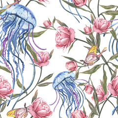 Seamless pattern jellyfish, butterfly, pink peony isolated on white. Watercolor hand drawn illustration. Art for design - 605980102