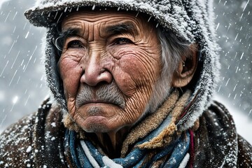 Senior inuit elderly man at winter in snow. Ai generative - obrazy, fototapety, plakaty
