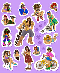 Retro girls. Sticker pack on bright lilac background. Vector collection of various female characters.