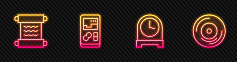 Set line Antique clock, Papyrus scroll, Portable video game console and Vinyl disk. Glowing neon icon. Vector