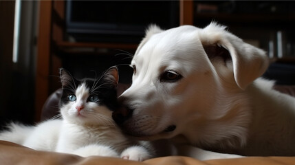 Fototapeta na wymiar White dog and black kitten playing