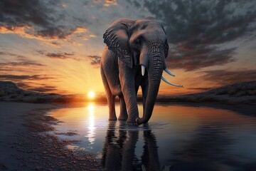 Fototapeta na wymiar Elephant and sunset, hyperrealism, photorealism, photorealistic