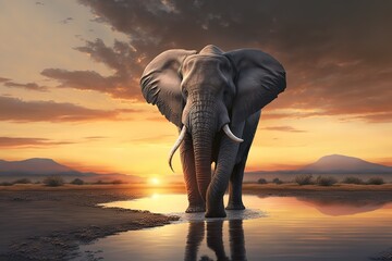 Fototapeta na wymiar Elephant and sunset, hyperrealism, photorealism, photorealistic