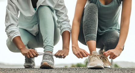 Shoes, running and sports women tying laces outdoor during a fitness workout for endurance or...