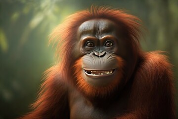 Happy smile of The Bornean orangutan( Pongo pygmaeus) . , hyperrealism, photorealism, photorealistic