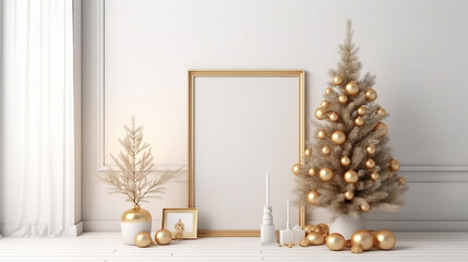 Vertical poster mock up with golden frame, decorated christmas tree, garland lights and holiday decoration on white wall background. 3D rendering. Generative AI