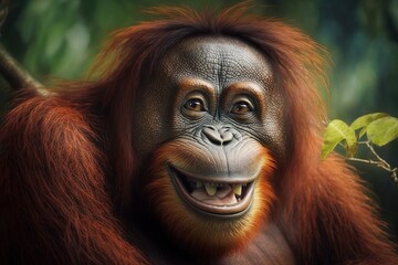 Happy smile of The Bornean orangutan( Pongo pygmaeus) . , hyperrealism, photorealism, photorealistic