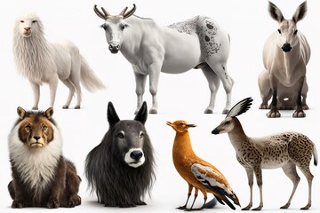 Set of animals on a white background, hyperrealism, photorealism, photorealistic