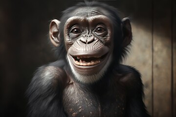 Smiling happy Chimpanzee. , hyperrealism, photorealism, photorealistic