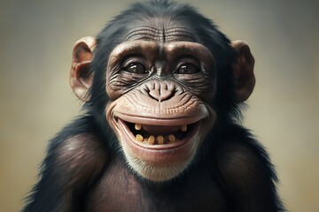 Smiling happy Chimpanzee. , hyperrealism, photorealism, photorealistic