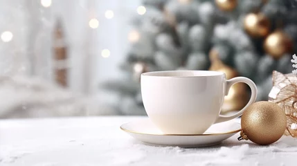 Deurstickers White ceramic coffee cup with christmas decoration on woon table background. mockup for creative advertising text message or promotional content. Generative AI © Lalaland