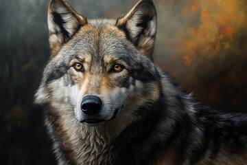 Naklejka na ściany i meble A grey wolf Canis lupus, hyperrealism, photorealism, photorealistic
