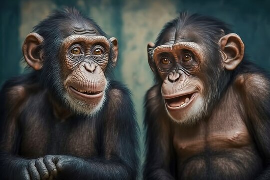Two chimpanzees have a fun. , hyperrealism, photorealism, photorealistic