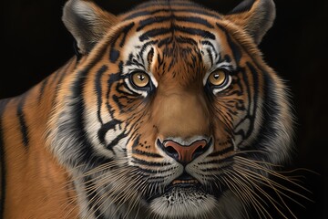 Head of sumateran tiger on isolated background, hyperrealism, photorealism, photorealistic