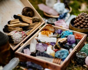 Closeup shot of healing mineral crystal stones in a box