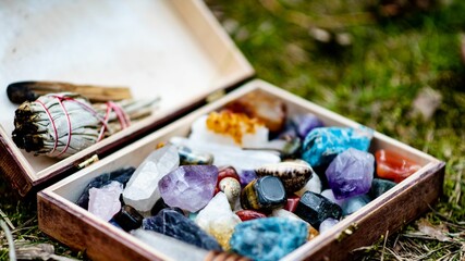 Closeup shot of healing mineral crystal stones in a box