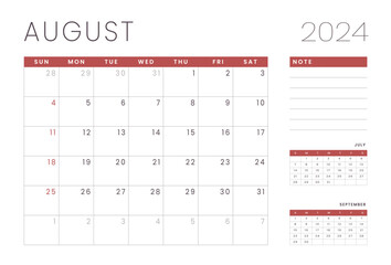 Monthly Calendar Template of august 2024. Vector layout of a wall or desk simple calendar with week start sunday