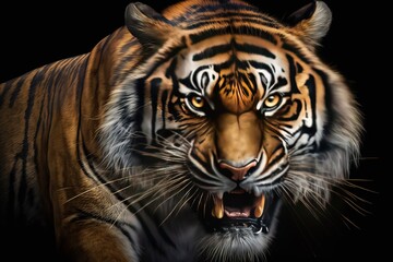 Angry tiger, Sumatran tiger( Panthera tigris sumatrae) beautiful animal and his portrait, hyperrealism, photorealism, photorealistic